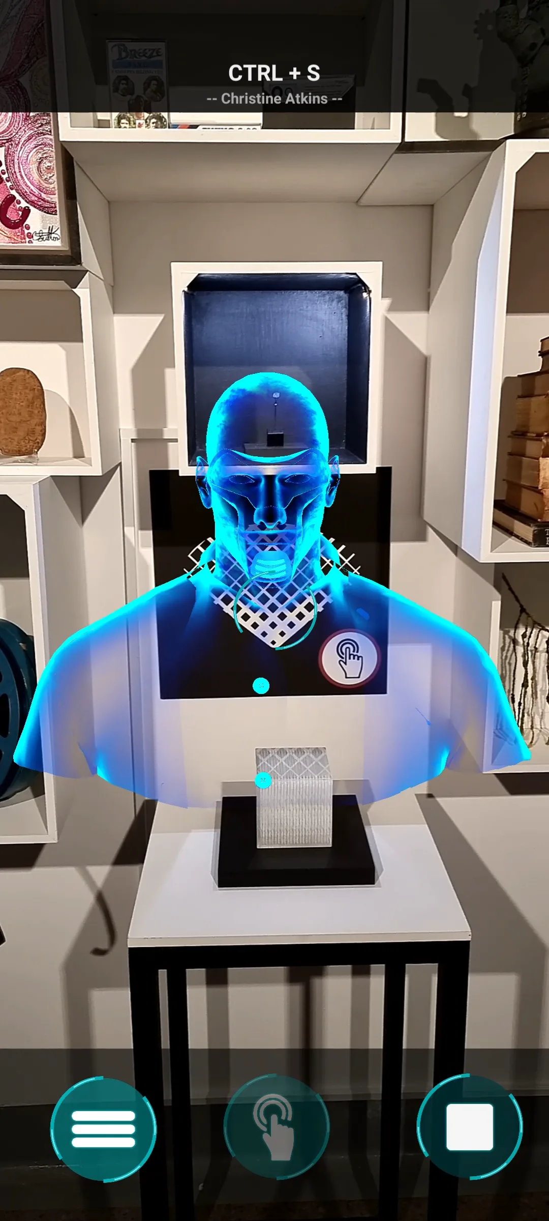 AR character layer visible in the Artisan exhibition companion interface.