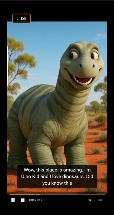 Dino Kid guided video screen with captions and playback controls.
