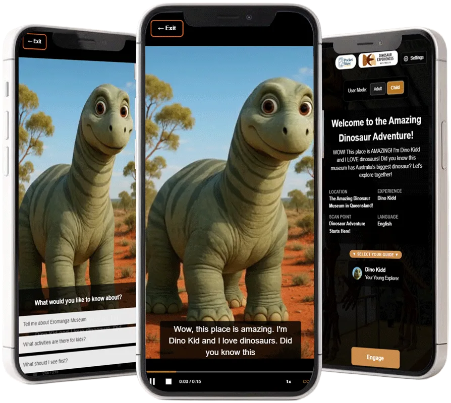 Three phone mockups showing the Eromanga visitor experience, Dino Kid guide and guide selection screen.