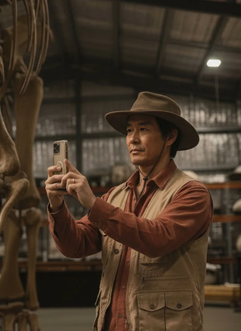 An adult visitor uses a phone beside a museum dinosaur display.