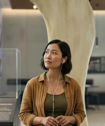 A visitor wearing earphones stands beside a museum display.