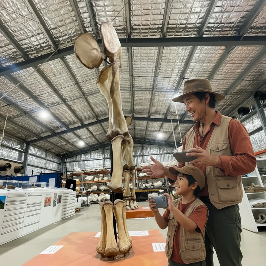 An adult and child use phones beside a large dinosaur fossil display.