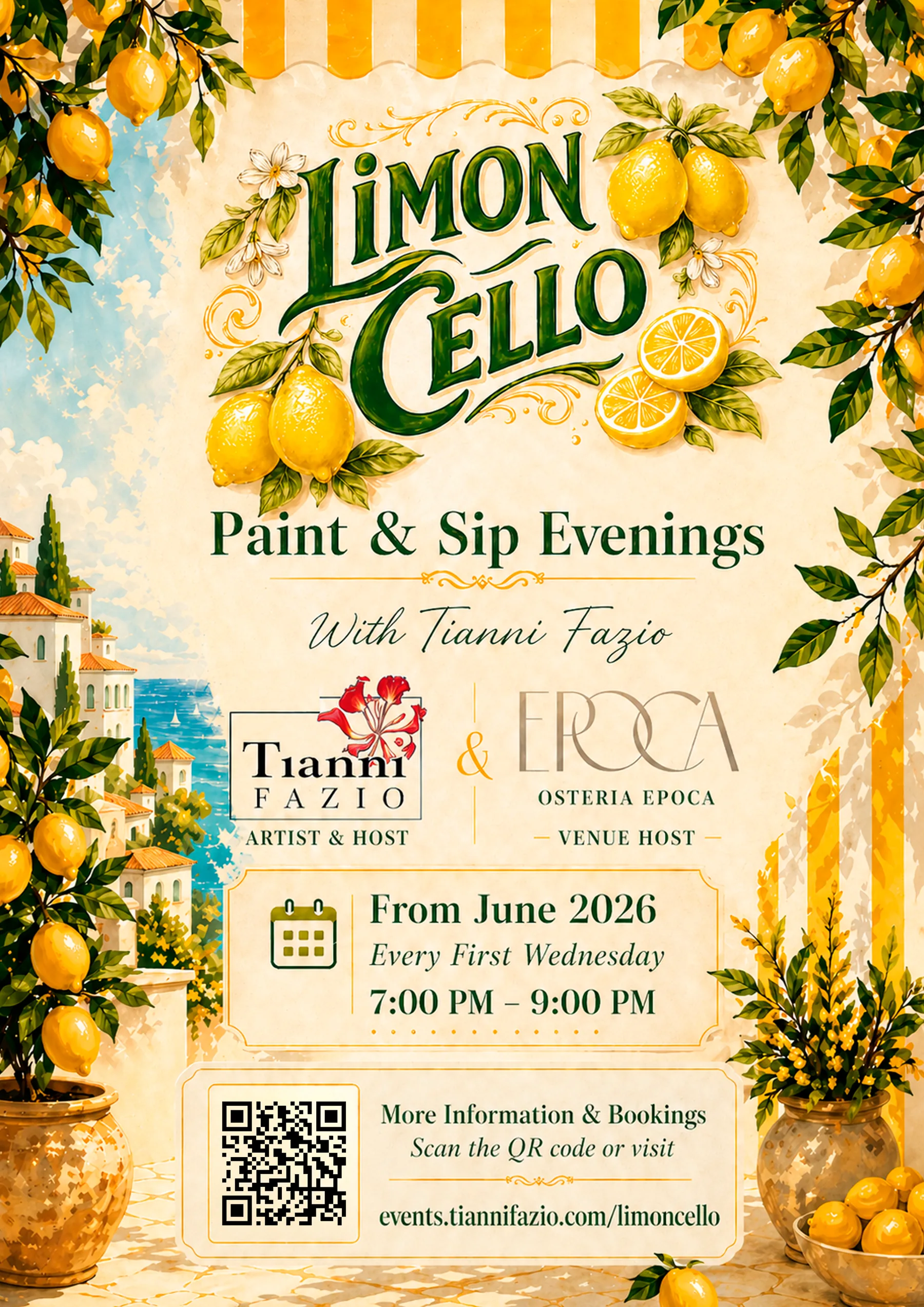 Printed Limoncello Paint and Sip poster with event details and QR code.