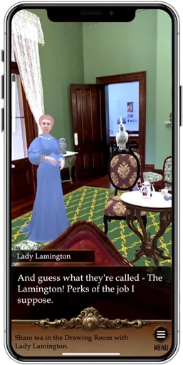 Old Government House AR tour screen showing character-based interpretation.