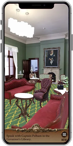 Old Government House AR tour screen showing a decorated historical room.