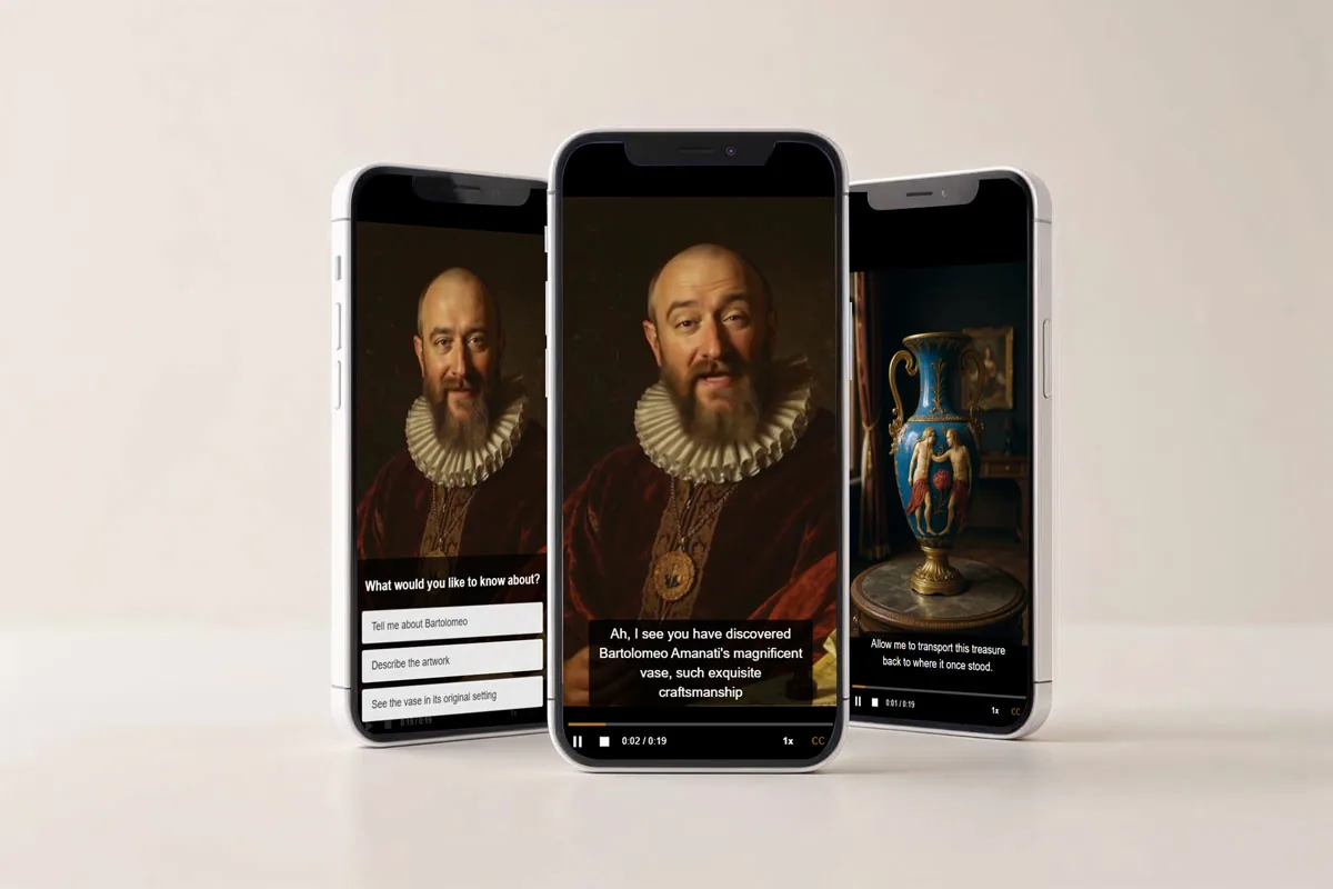 Multiple phone displays showing PocketMuse guided experience screens.