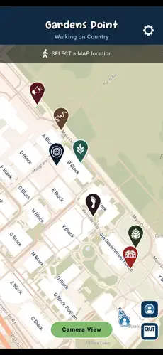 Walking on Country map screen showing points of interest across Gardens Point.